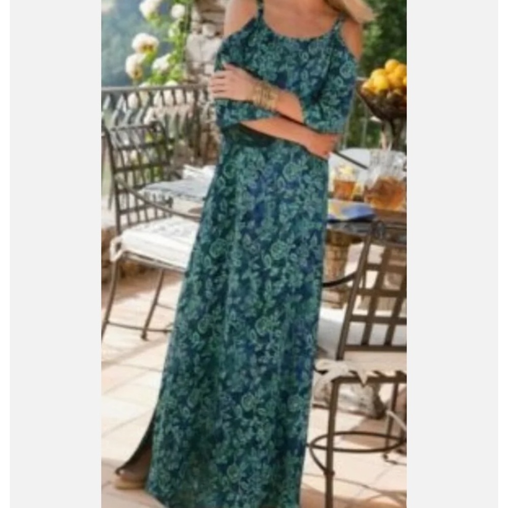 Soft Surroundings Antilles Blue Green Cold Shoulder Maxi Dress size PETITE M PM